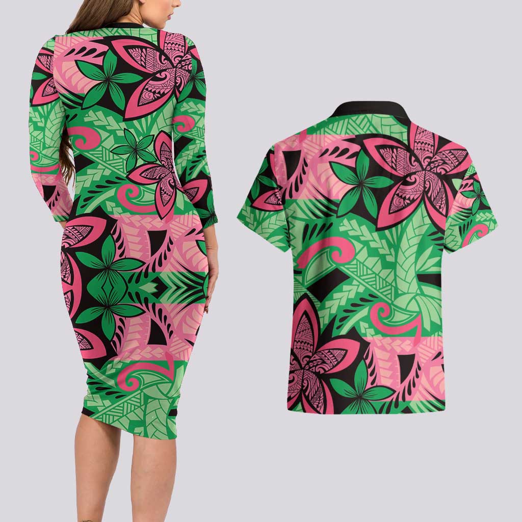 Plumeria Polynesian Pattern Couples Matching Long Sleeve Bodycon Dress and Hawaiian Shirt Unique Fantasy Green Pink
