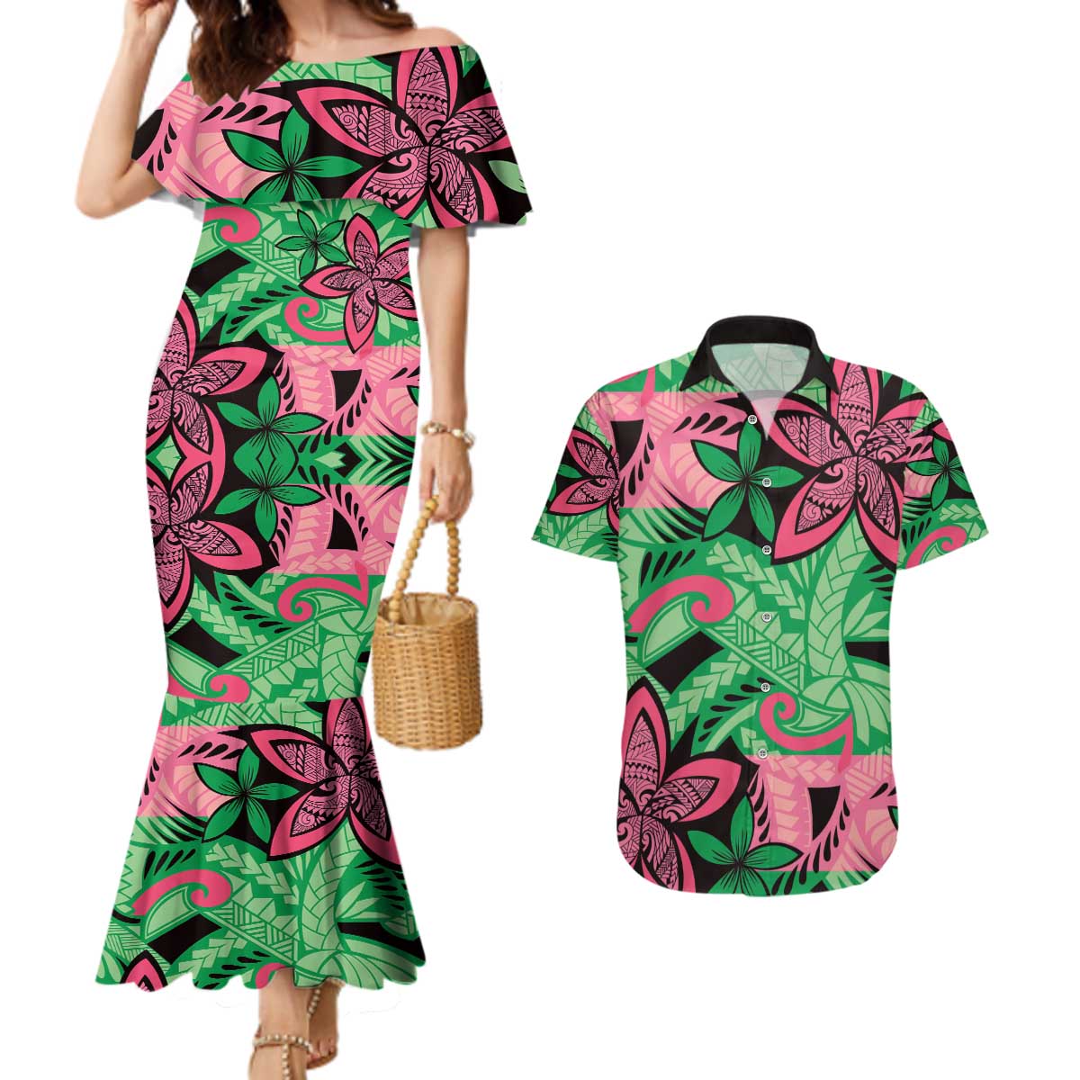 Plumeria Polynesian Pattern Couples Matching Mermaid Dress and Hawaiian Shirt Unique Fantasy Green Pink