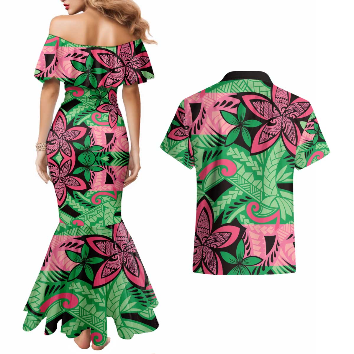 Plumeria Polynesian Pattern Couples Matching Mermaid Dress and Hawaiian Shirt Unique Fantasy Green Pink