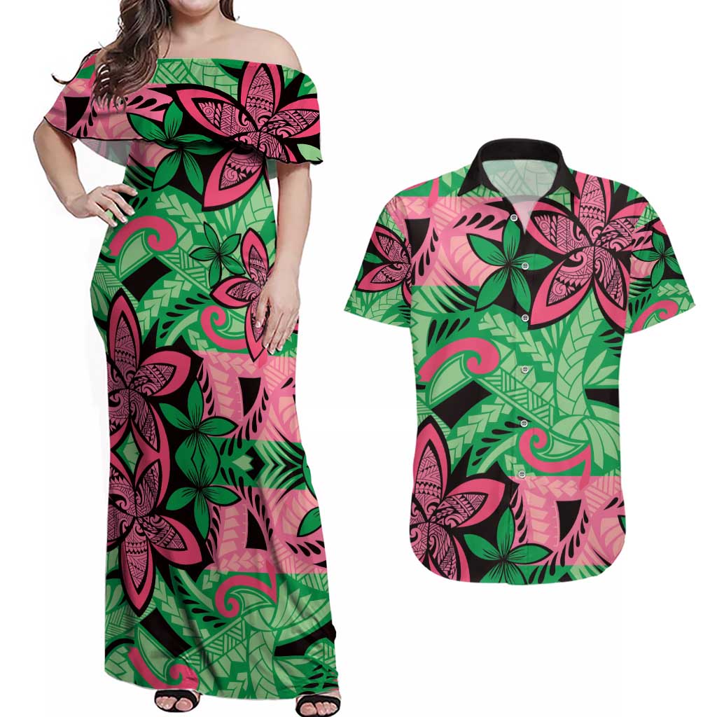 Plumeria Polynesian Pattern Couples Matching Off Shoulder Maxi Dress and Hawaiian Shirt Unique Fantasy Green Pink