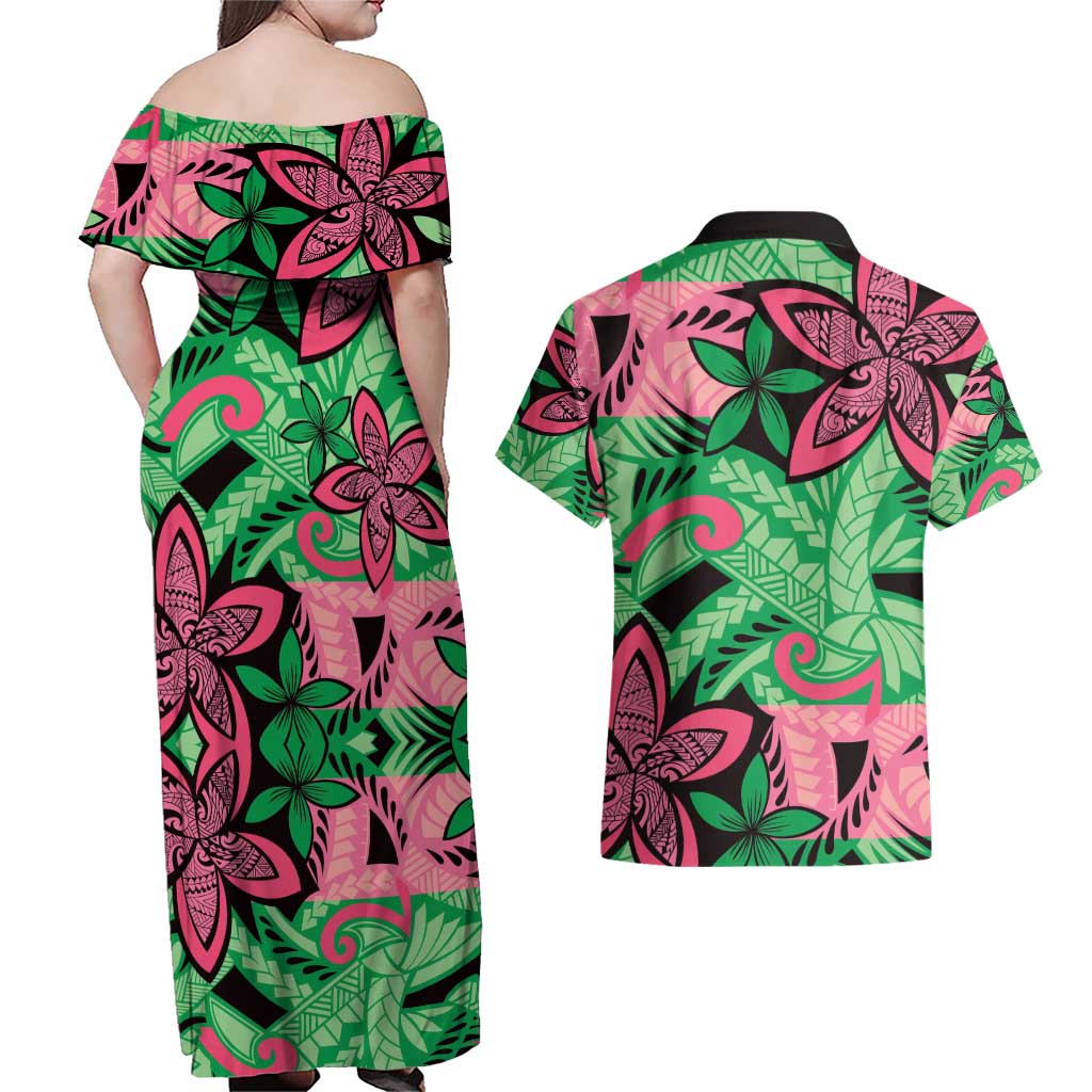 Plumeria Polynesian Pattern Couples Matching Off Shoulder Maxi Dress and Hawaiian Shirt Unique Fantasy Green Pink