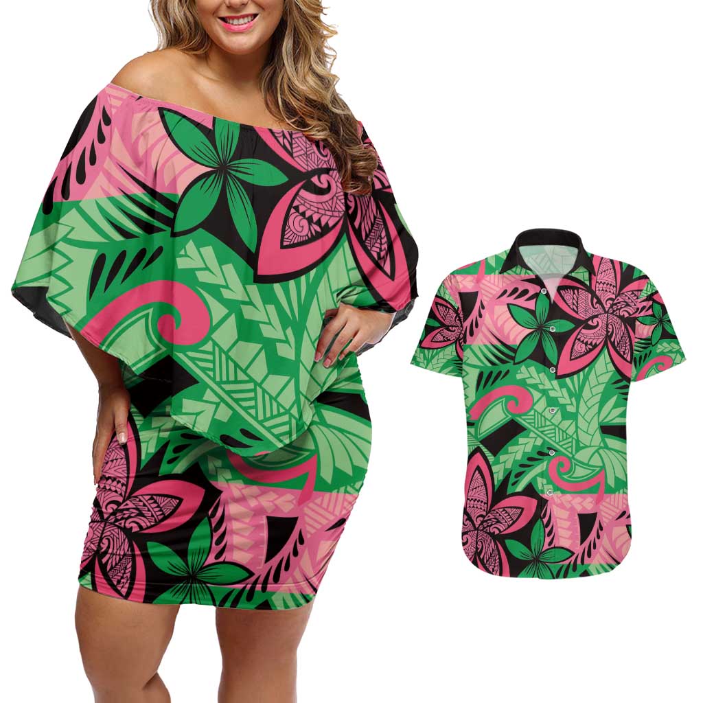 Plumeria Polynesian Pattern Couples Matching Off Shoulder Short Dress and Hawaiian Shirt Unique Fantasy Green Pink