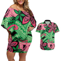 Plumeria Polynesian Pattern Couples Matching Off Shoulder Short Dress and Hawaiian Shirt Unique Fantasy Green Pink