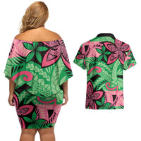 Plumeria Polynesian Pattern Couples Matching Off Shoulder Short Dress and Hawaiian Shirt Unique Fantasy Green Pink