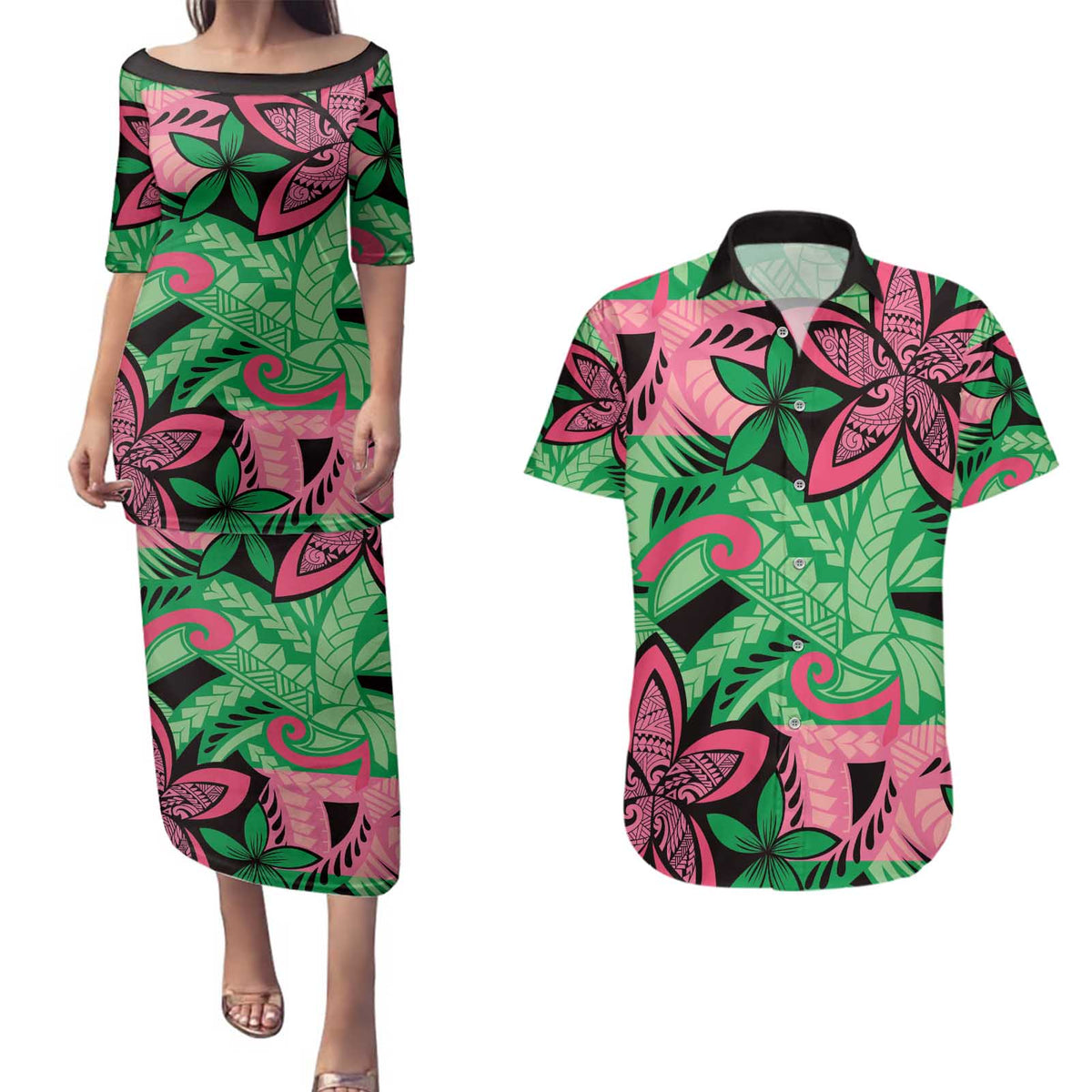 Plumeria Polynesian Pattern Couples Matching Puletasi and Hawaiian Shirt Unique Fantasy Green Pink