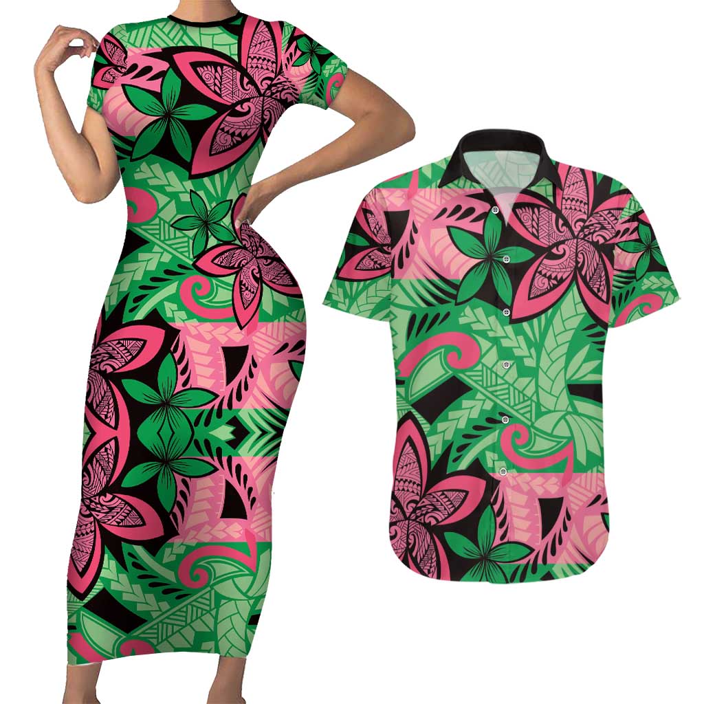 Plumeria Polynesian Pattern Couples Matching Short Sleeve Bodycon Dress and Hawaiian Shirt Unique Fantasy Green Pink
