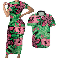 Plumeria Polynesian Pattern Couples Matching Short Sleeve Bodycon Dress and Hawaiian Shirt Unique Fantasy Green Pink