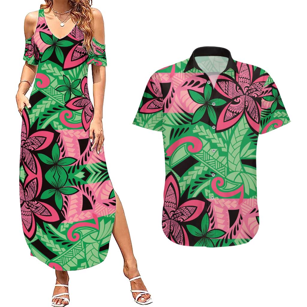 Plumeria Polynesian Pattern Couples Matching Summer Maxi Dress and Hawaiian Shirt Unique Fantasy Green Pink
