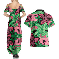 Plumeria Polynesian Pattern Couples Matching Summer Maxi Dress and Hawaiian Shirt Unique Fantasy Green Pink