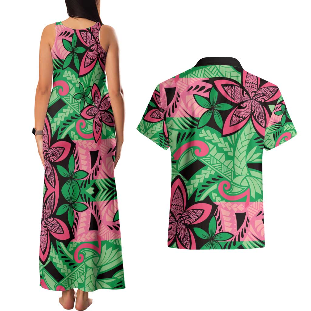Plumeria Polynesian Pattern Couples Matching Tank Maxi Dress and Hawaiian Shirt Unique Fantasy Green Pink