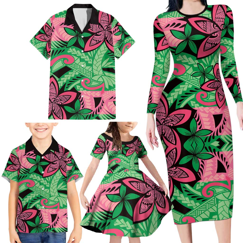 Plumeria Polynesian Pattern Family Matching Long Sleeve Bodycon Dress and Hawaiian Shirt Unique Fantasy Green Pink