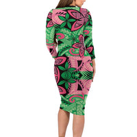 Plumeria Polynesian Pattern Family Matching Long Sleeve Bodycon Dress and Hawaiian Shirt Unique Fantasy Green Pink