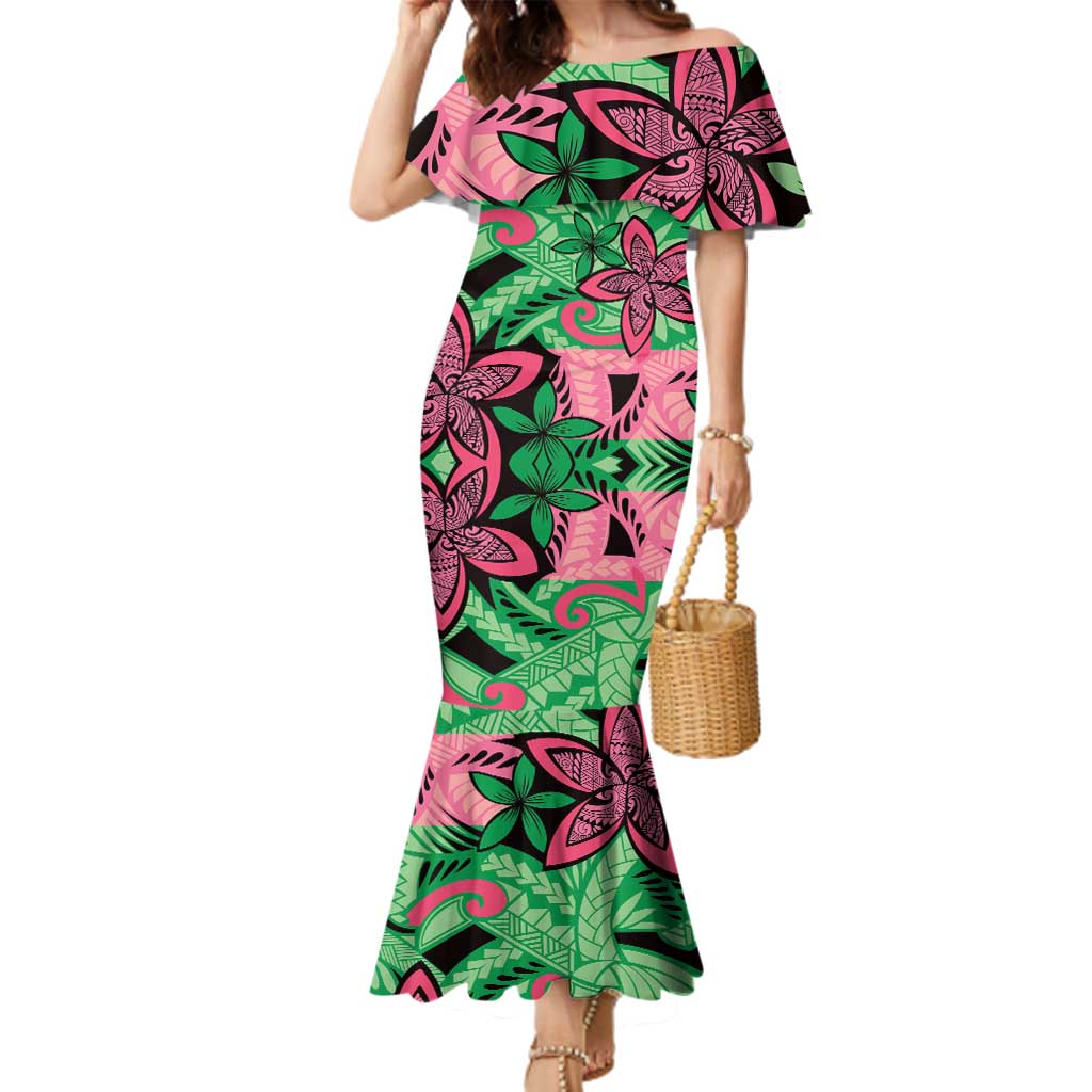 Plumeria Polynesian Pattern Family Matching Mermaid Dress and Hawaiian Shirt Unique Fantasy Green Pink