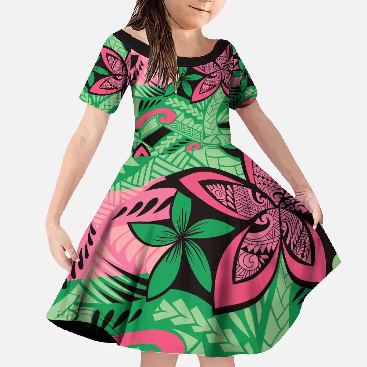 Plumeria Polynesian Pattern Family Matching Off The Shoulder Long Sleeve Dress and Hawaiian Shirt Unique Fantasy Green Pink