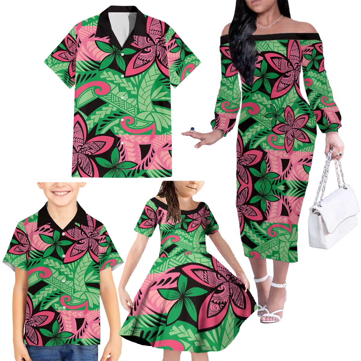Plumeria Polynesian Pattern Family Matching Off The Shoulder Long Sleeve Dress and Hawaiian Shirt Unique Fantasy Green Pink