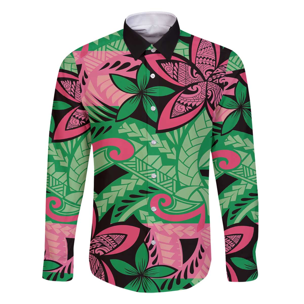 Plumeria Polynesian Pattern Family Matching Off The Shoulder Long Sleeve Dress and Hawaiian Shirt Unique Fantasy Green Pink