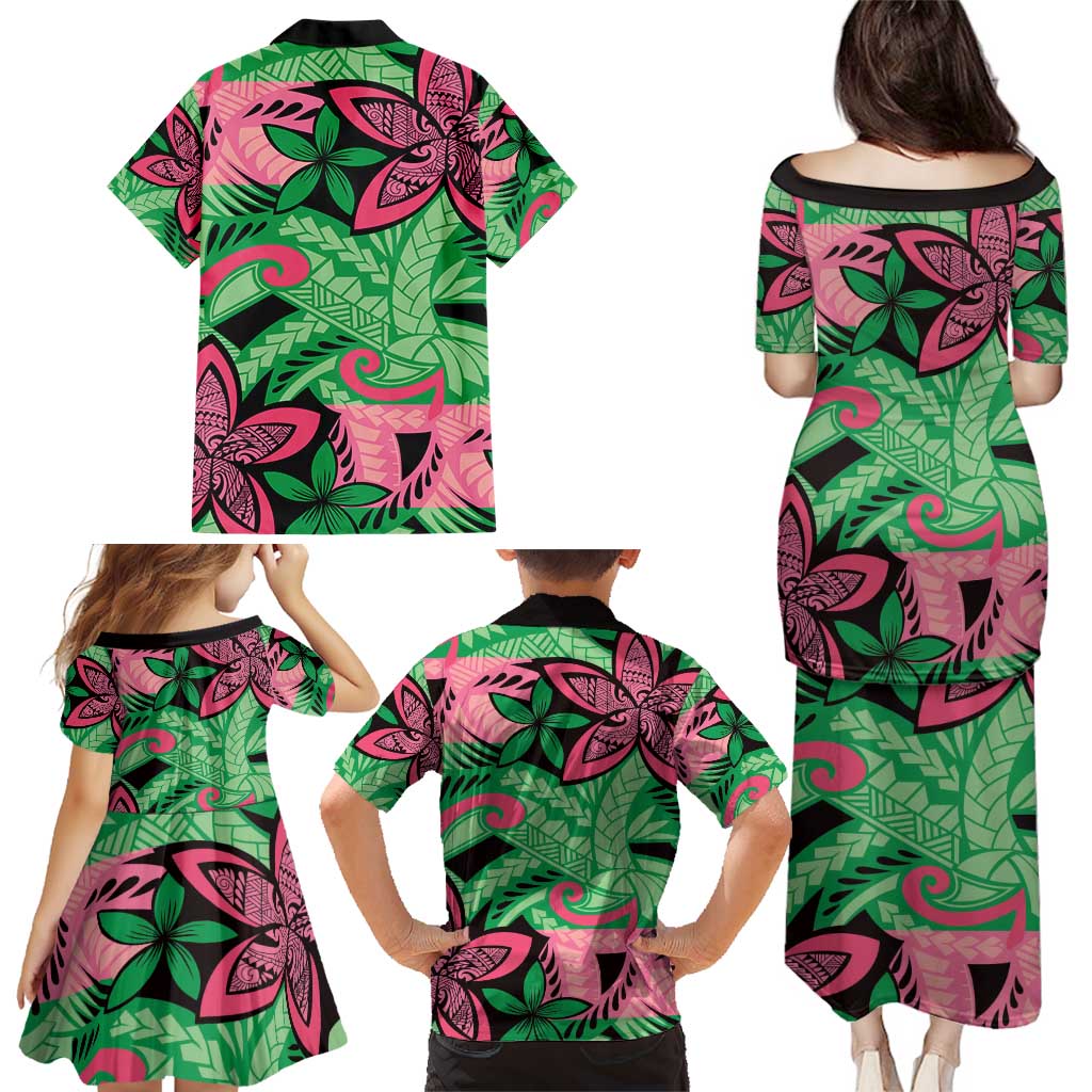 Plumeria Polynesian Pattern Family Matching Puletasi and Hawaiian Shirt Unique Fantasy Green Pink