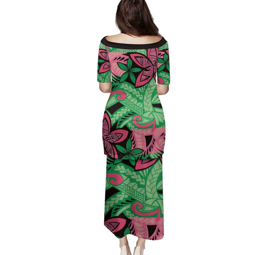 Plumeria Polynesian Pattern Family Matching Puletasi and Hawaiian Shirt Unique Fantasy Green Pink
