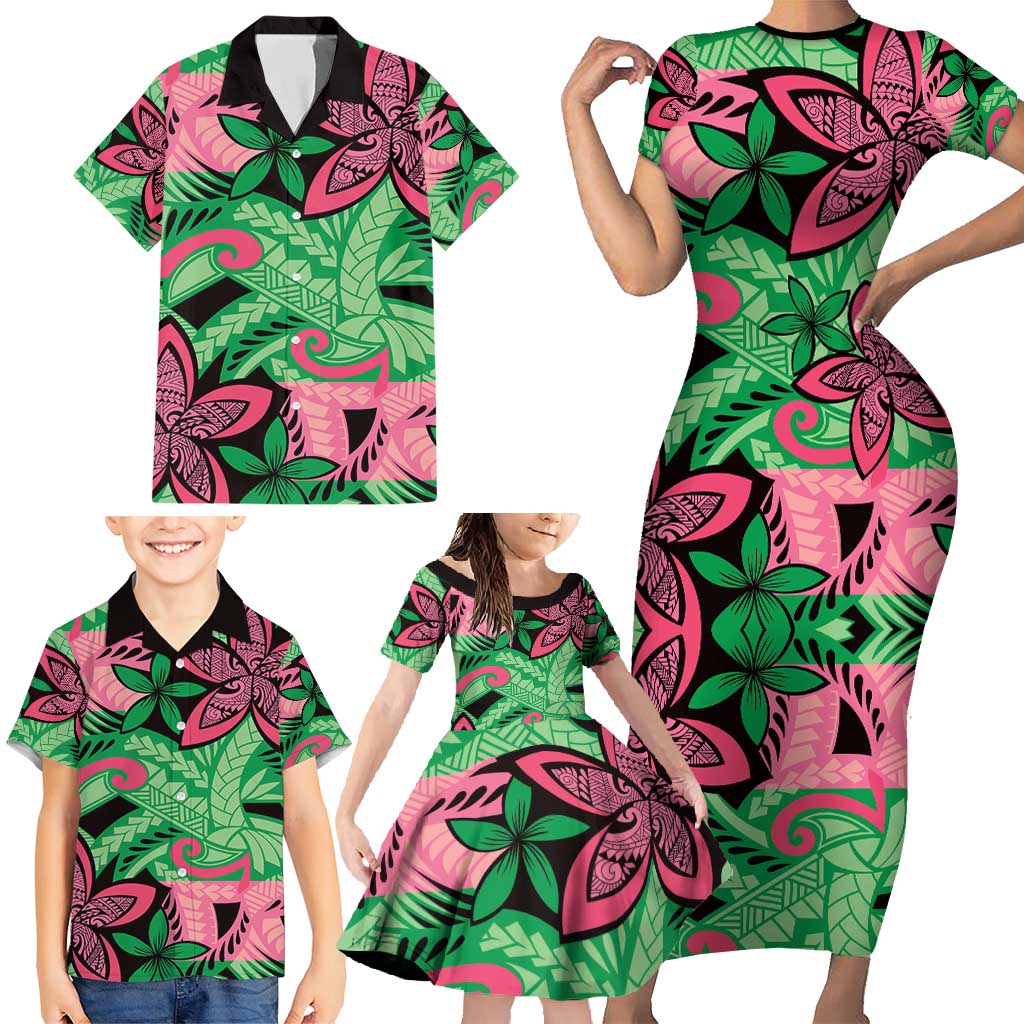 Plumeria Polynesian Pattern Family Matching Short Sleeve Bodycon Dress and Hawaiian Shirt Unique Fantasy Green Pink