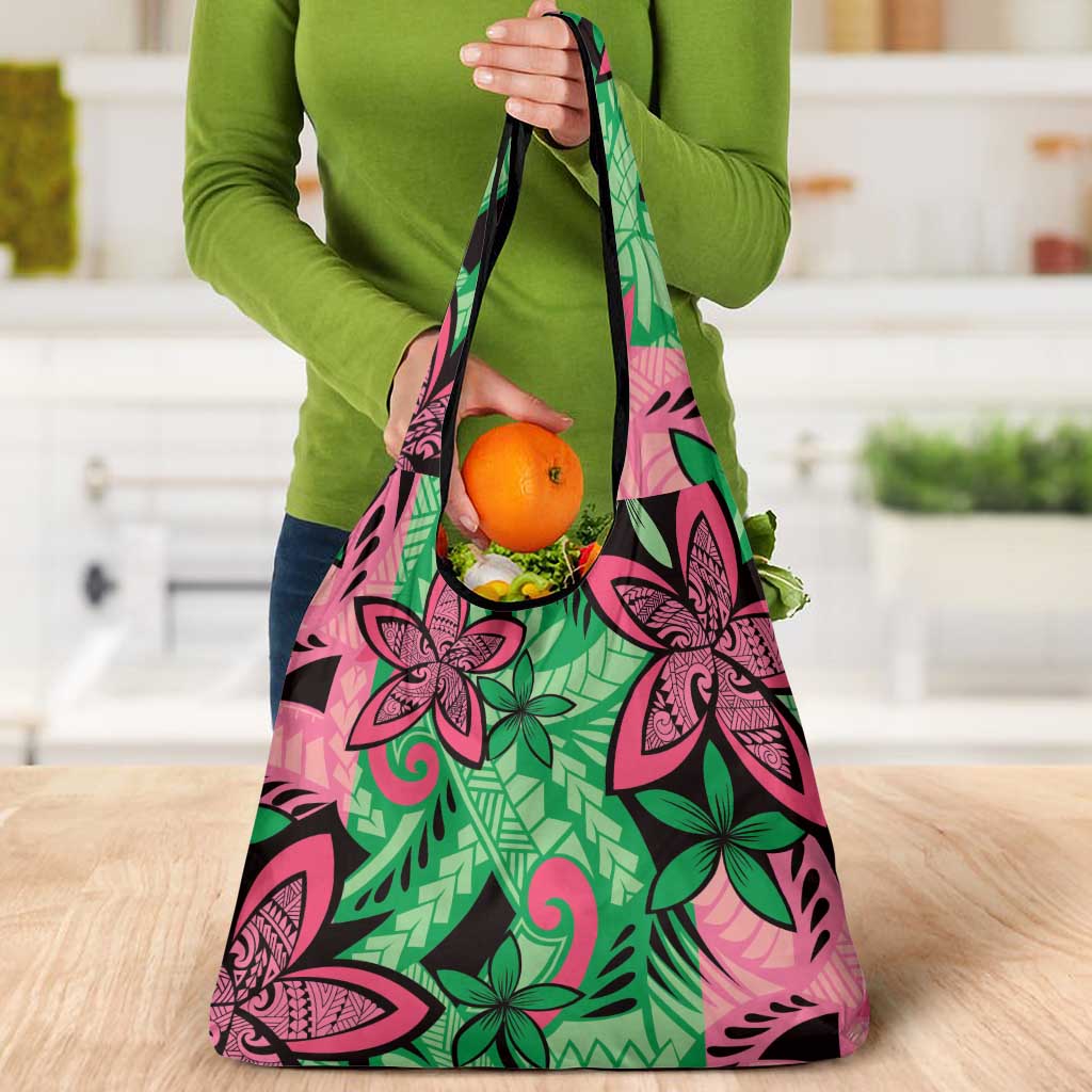 Plumeria Polynesian Pattern Grocery Bag Unique Fantasy Green Pink LT01 - Polynesian Pride