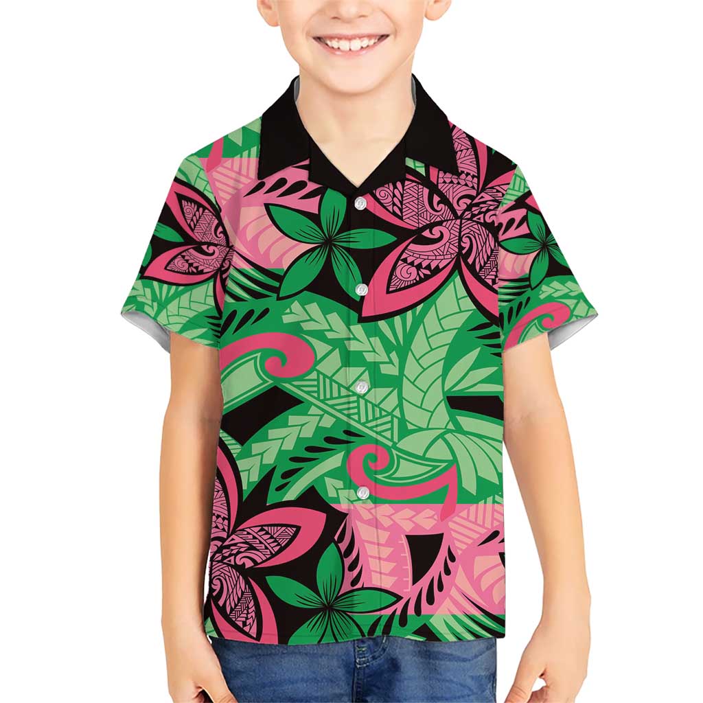 Plumeria Polynesian Pattern Kid Hawaiian Shirt Unique Fantasy Green Pink LT01 Kid Green - Polynesian Pride