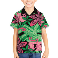 Plumeria Polynesian Pattern Kid Hawaiian Shirt Unique Fantasy Green Pink LT01 Kid Green - Polynesian Pride