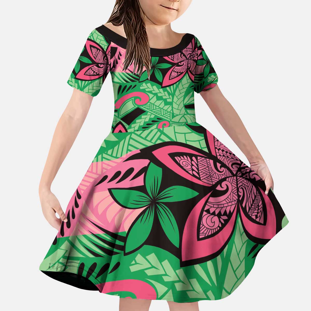 Plumeria Polynesian Pattern Kid Short Sleeve Dress Unique Fantasy Green Pink LT01 KID Green - Polynesian Pride