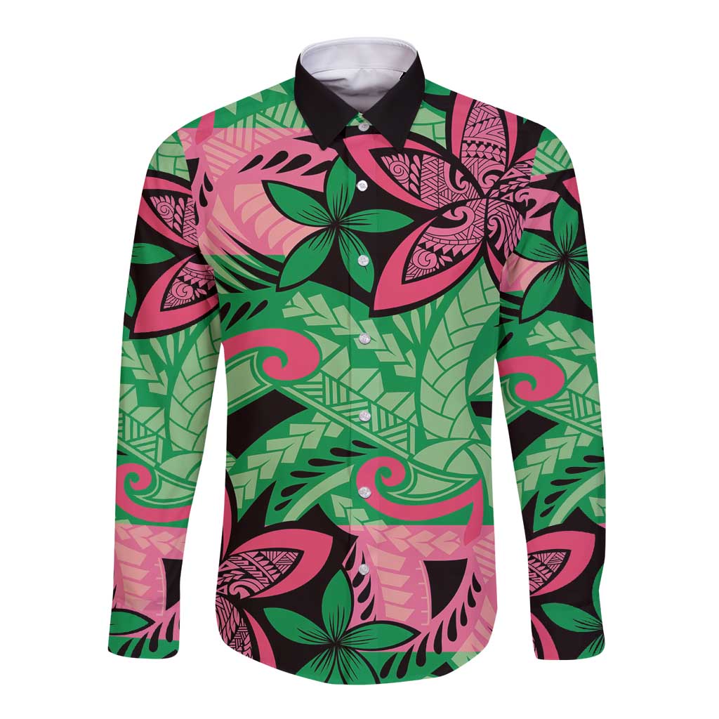 Plumeria Polynesian Pattern Long Sleeve Button Shirt Unique Fantasy Green Pink LT01 Unisex Green - Polynesian Pride