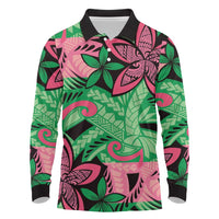 Plumeria Polynesian Pattern Long Sleeve Polo Shirt Unique Fantasy Green Pink LT01 Green - Polynesian Pride