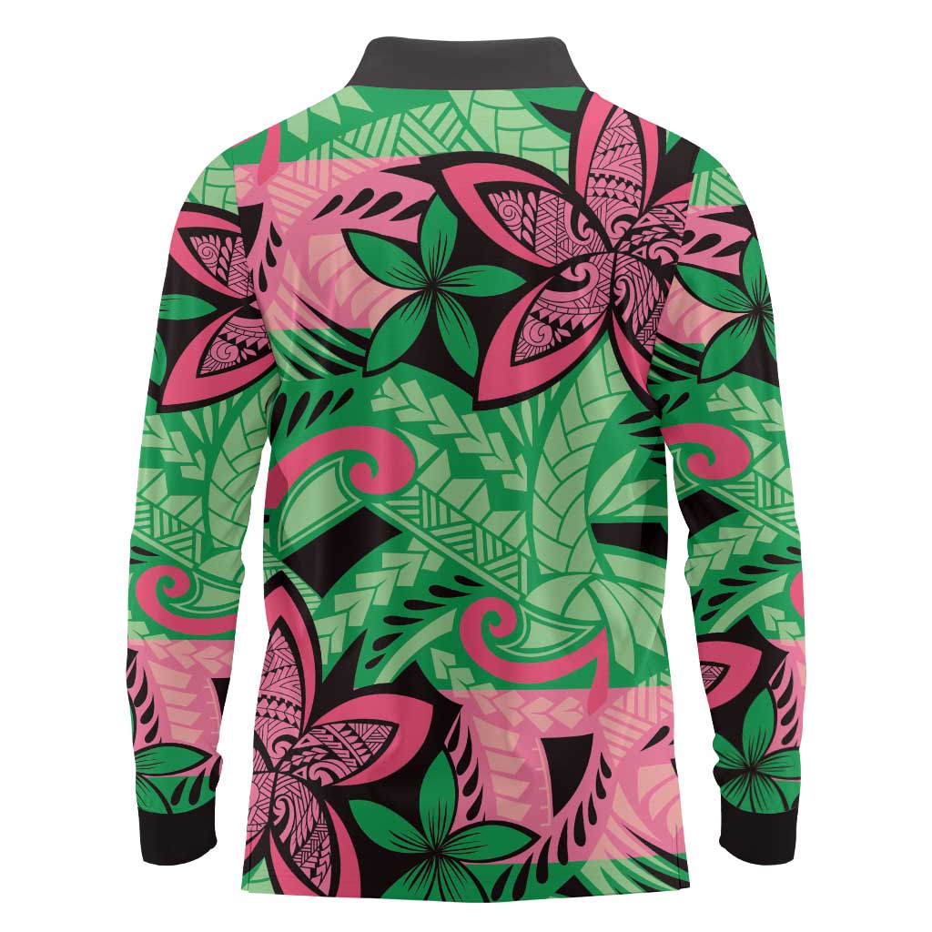 Plumeria Polynesian Pattern Long Sleeve Polo Shirt Unique Fantasy Green Pink LT01 - Polynesian Pride