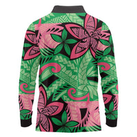 Plumeria Polynesian Pattern Long Sleeve Polo Shirt Unique Fantasy Green Pink LT01 - Polynesian Pride