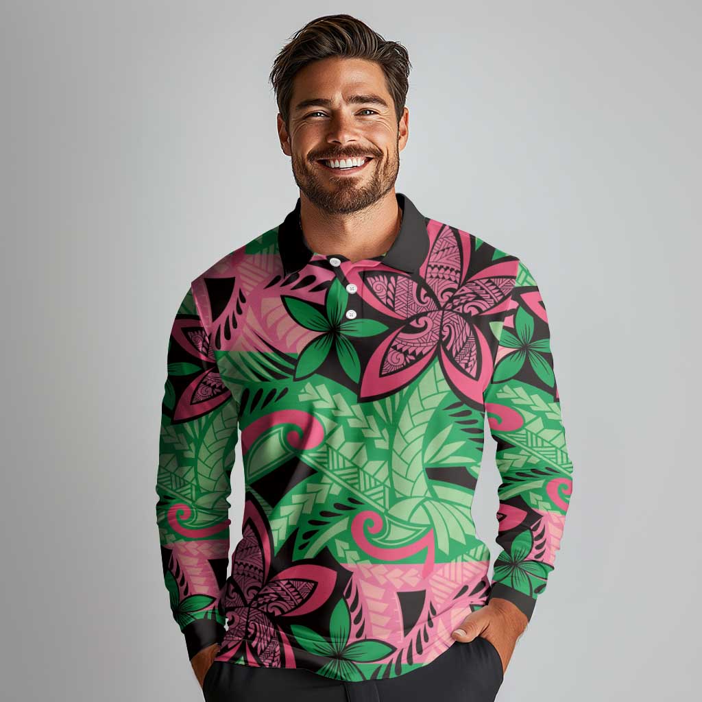 Plumeria Polynesian Pattern Long Sleeve Polo Shirt Unique Fantasy Green Pink LT01 - Polynesian Pride