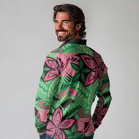 Plumeria Polynesian Pattern Long Sleeve Polo Shirt Unique Fantasy Green Pink LT01 - Polynesian Pride