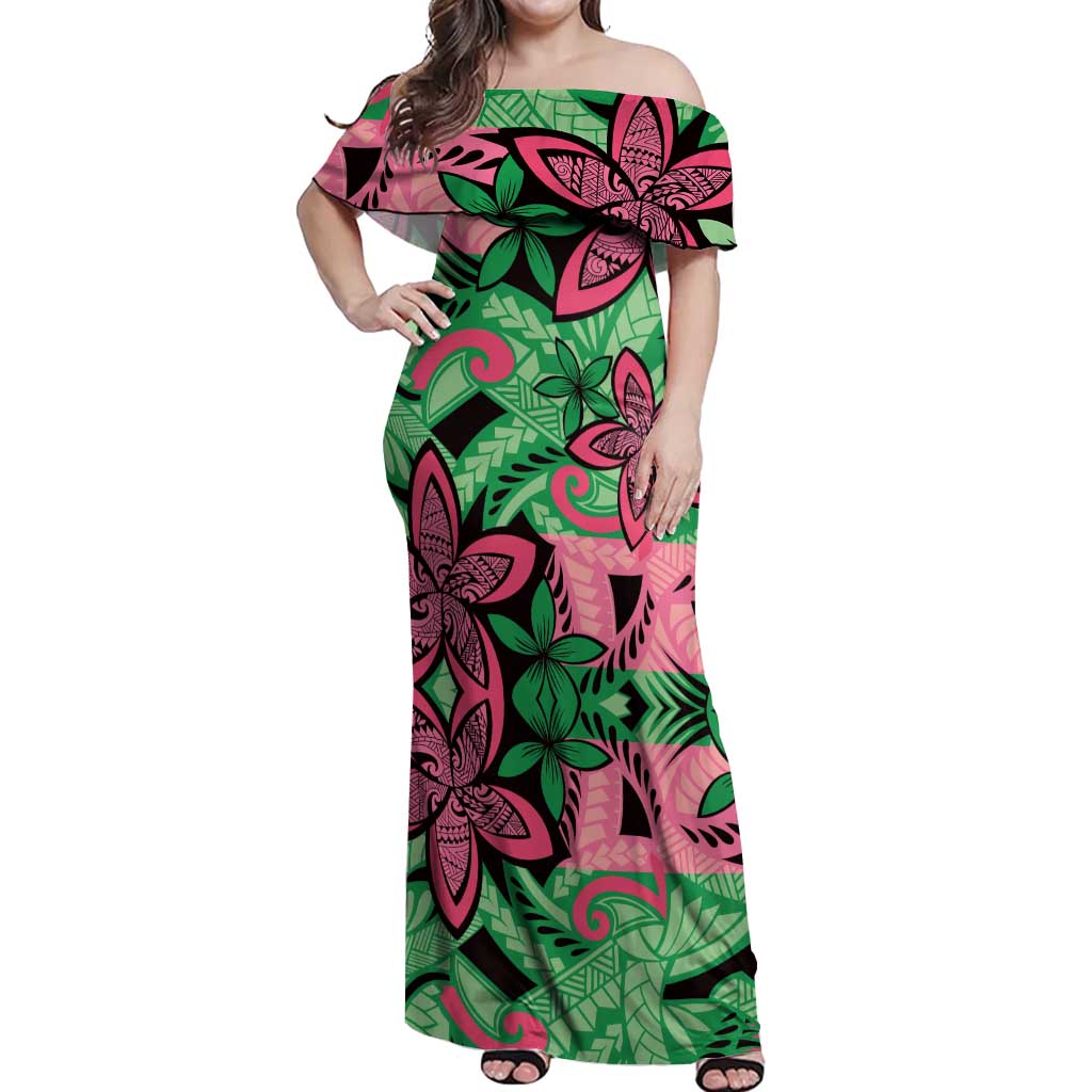 Plumeria Polynesian Pattern Off Shoulder Maxi Dress Unique Fantasy Green Pink LT01 Women Green - Polynesian Pride