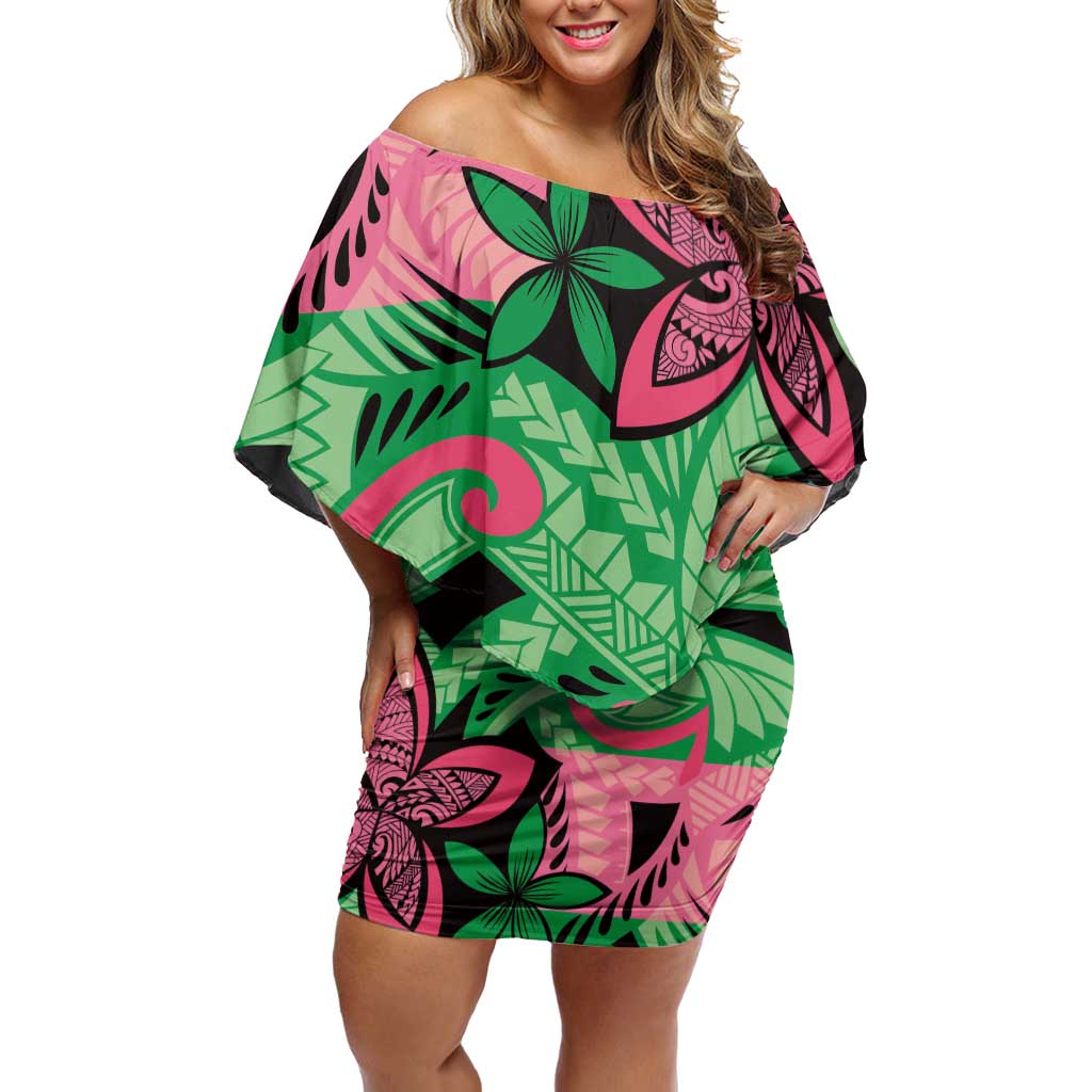 Plumeria Polynesian Pattern Off Shoulder Short Dress Unique Fantasy Green Pink