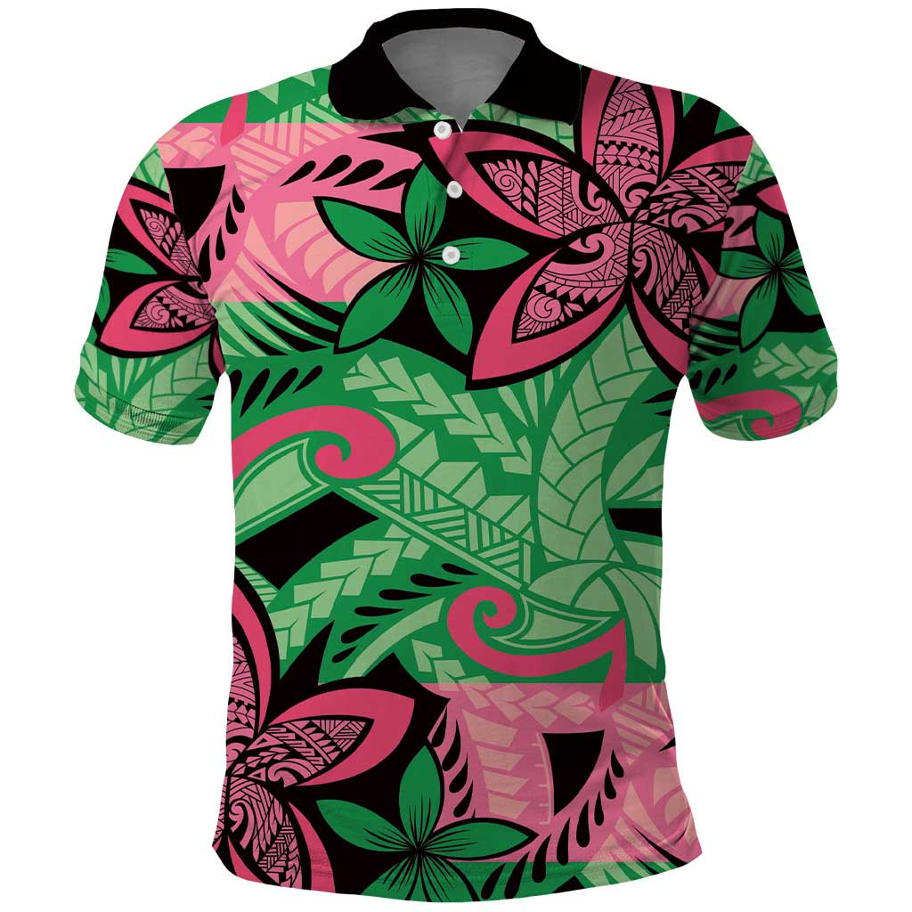 Plumeria Polynesian Pattern Polo Shirt Unique Fantasy Green Pink LT01 Green - Polynesian Pride