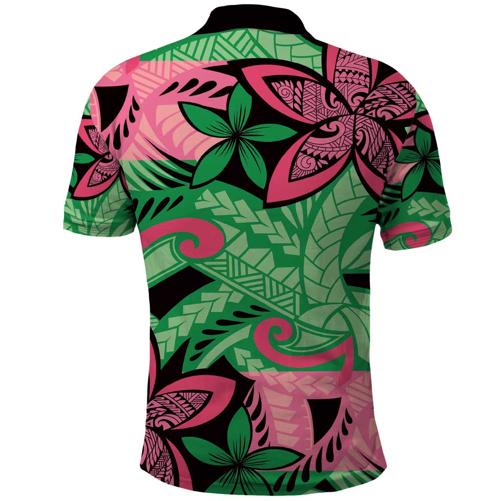 Plumeria Polynesian Pattern Polo Shirt Unique Fantasy Green Pink LT01 - Polynesian Pride