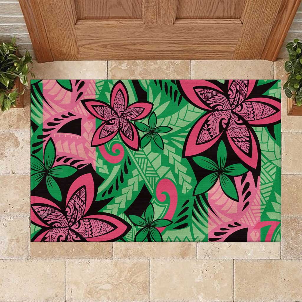 Plumeria Polynesian Pattern Rubber Doormat Unique Fantasy Green Pink LT01 Green - Polynesian Pride