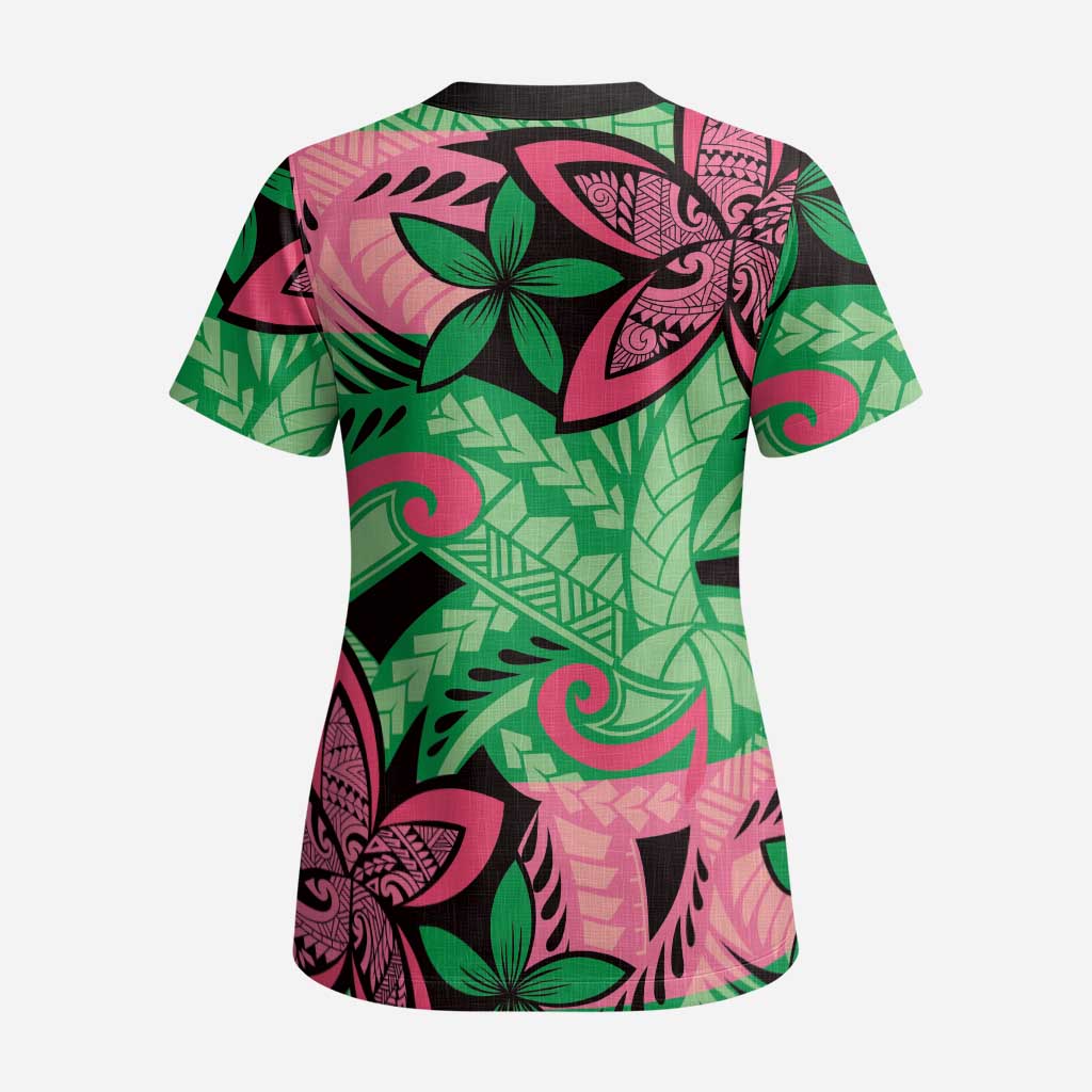 Plumeria Polynesian Pattern Scrub Top Unique Fantasy Green Pink - Polynesian Pride
