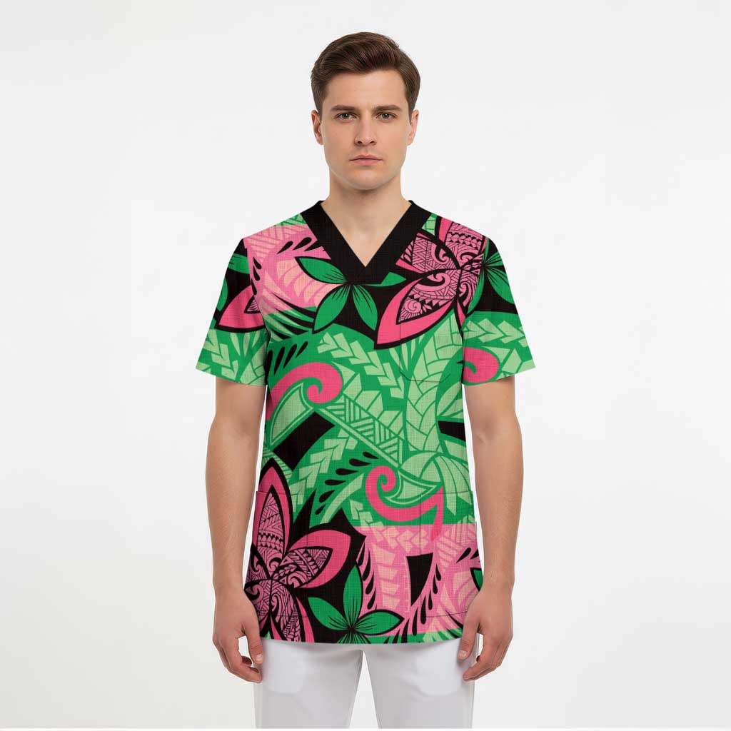 Plumeria Polynesian Pattern Scrub Top Unique Fantasy Green Pink - Polynesian Pride