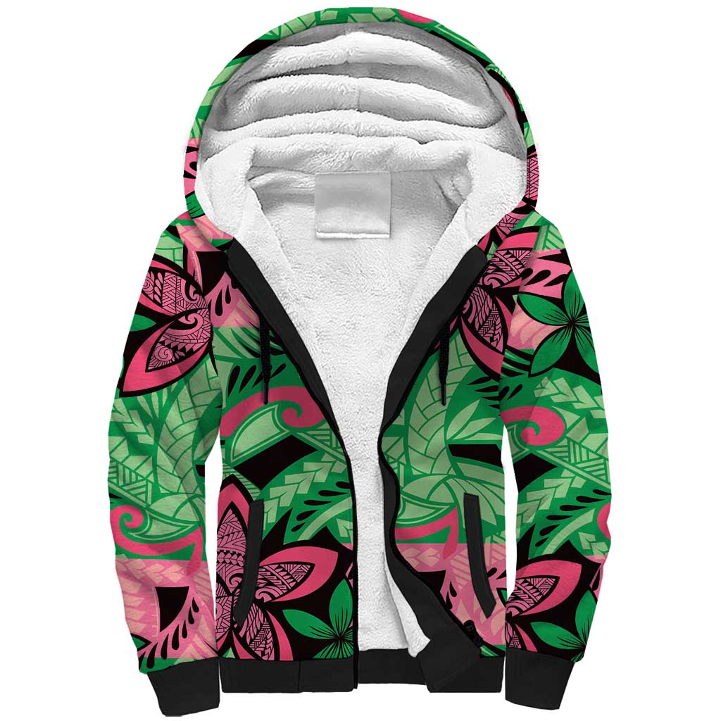 Plumeria Polynesian Pattern Sherpa Hoodie Unique Fantasy Green Pink