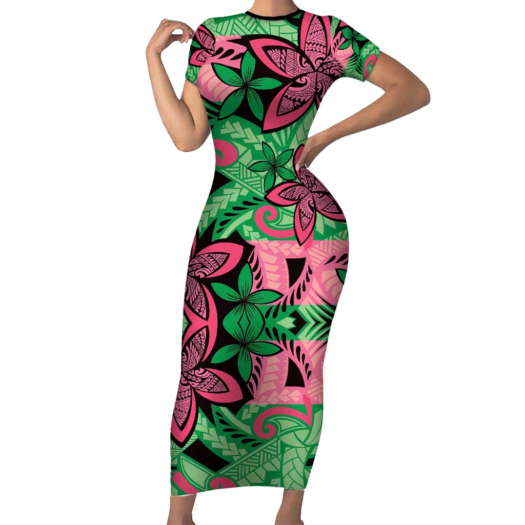 Plumeria Polynesian Pattern Short Sleeve Bodycon Dress Unique Fantasy Green Pink