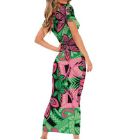 Plumeria Polynesian Pattern Short Sleeve Bodycon Dress Unique Fantasy Green Pink
