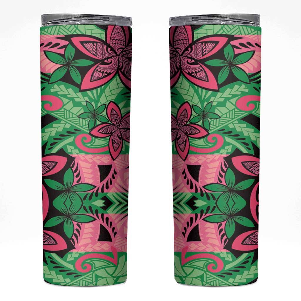 Plumeria Polynesian Pattern Skinny Tumbler Unique Fantasy Green Pink
