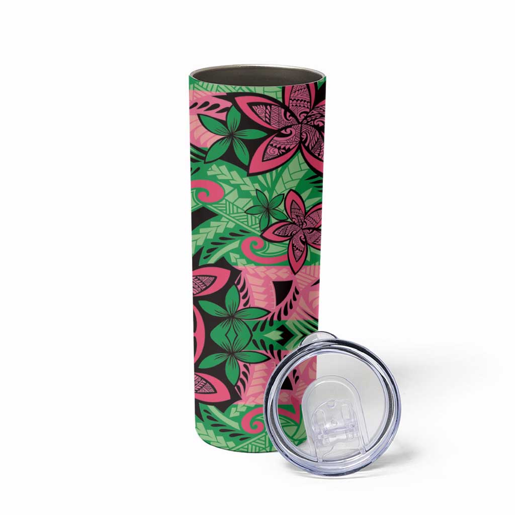 Plumeria Polynesian Pattern Skinny Tumbler Unique Fantasy Green Pink