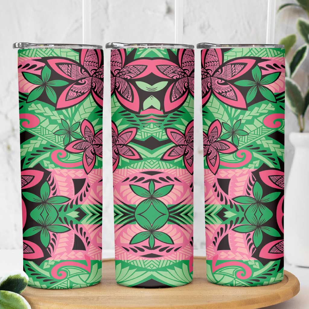 Plumeria Polynesian Pattern Skinny Tumbler Unique Fantasy Green Pink