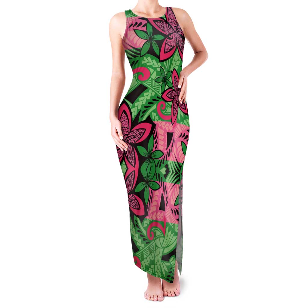 Plumeria Polynesian Pattern Tank Maxi Dress Unique Fantasy Green Pink