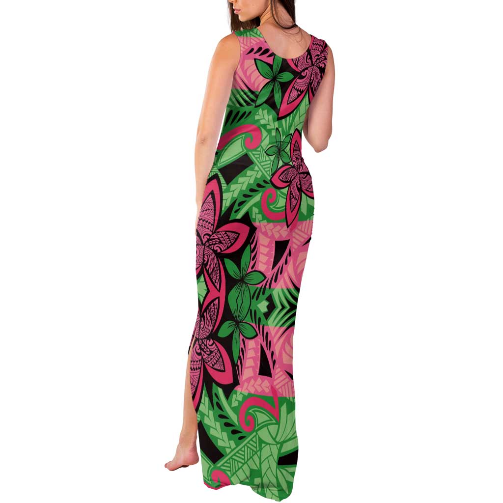 Plumeria Polynesian Pattern Tank Maxi Dress Unique Fantasy Green Pink