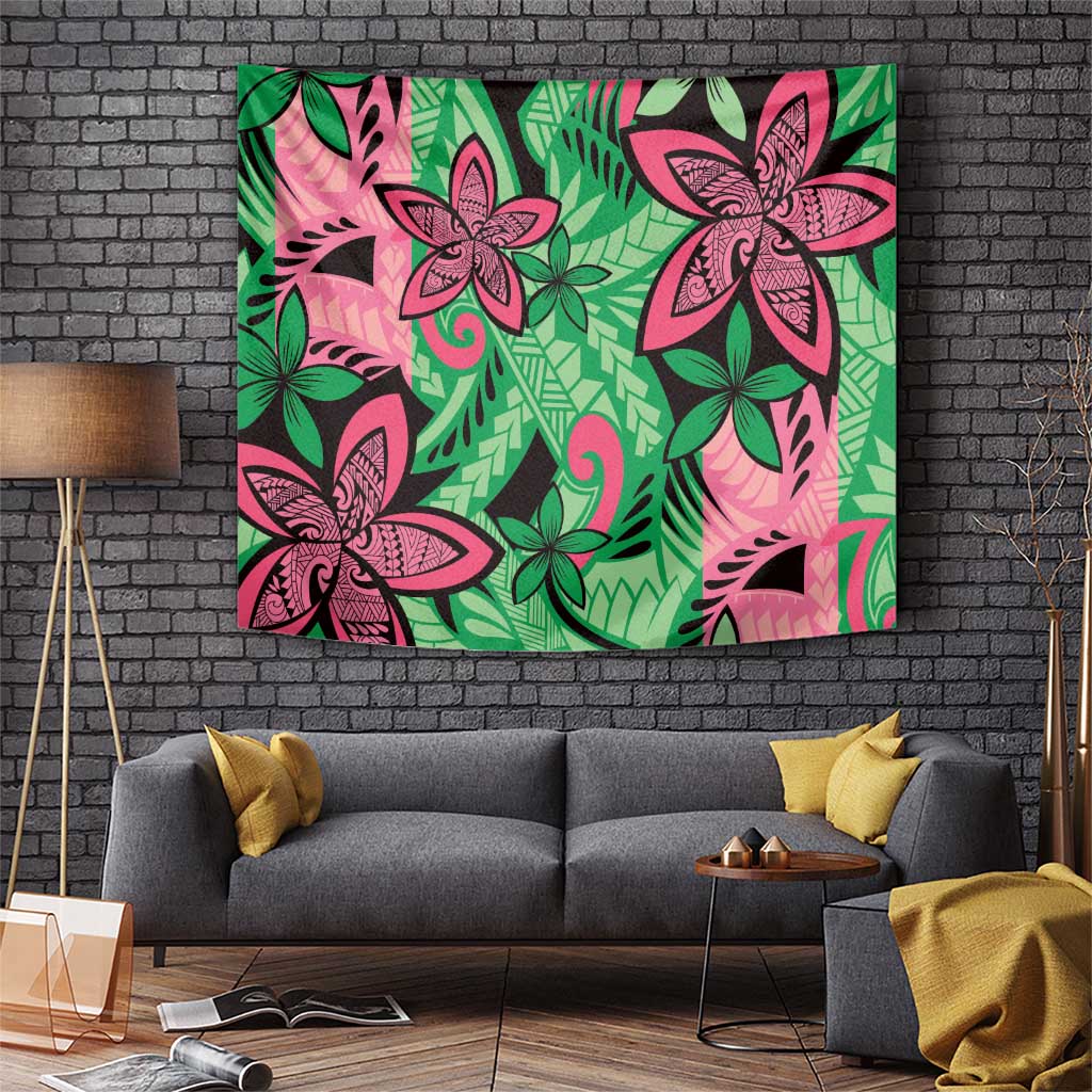 Plumeria Polynesian Pattern Tapestry Unique Fantasy Green Pink