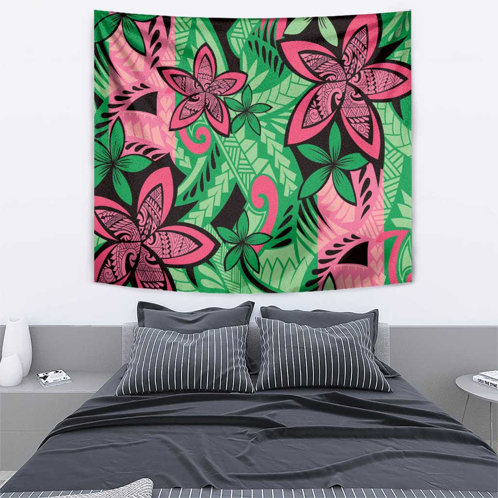 Plumeria Polynesian Pattern Tapestry Unique Fantasy Green Pink